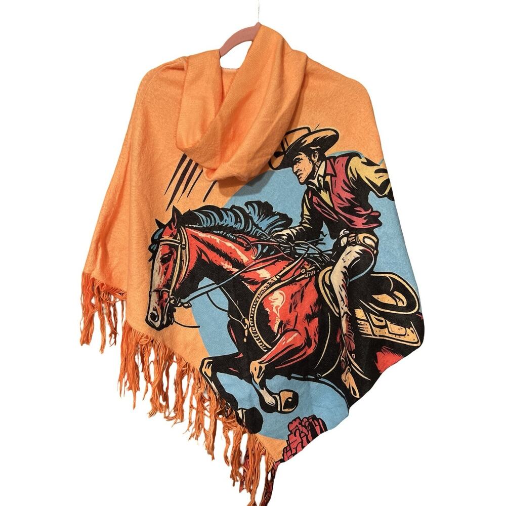Cowboy Hooded Poncho fringe Shawl Horse Rodeo Bold Graphic Boho concert cowgirl
